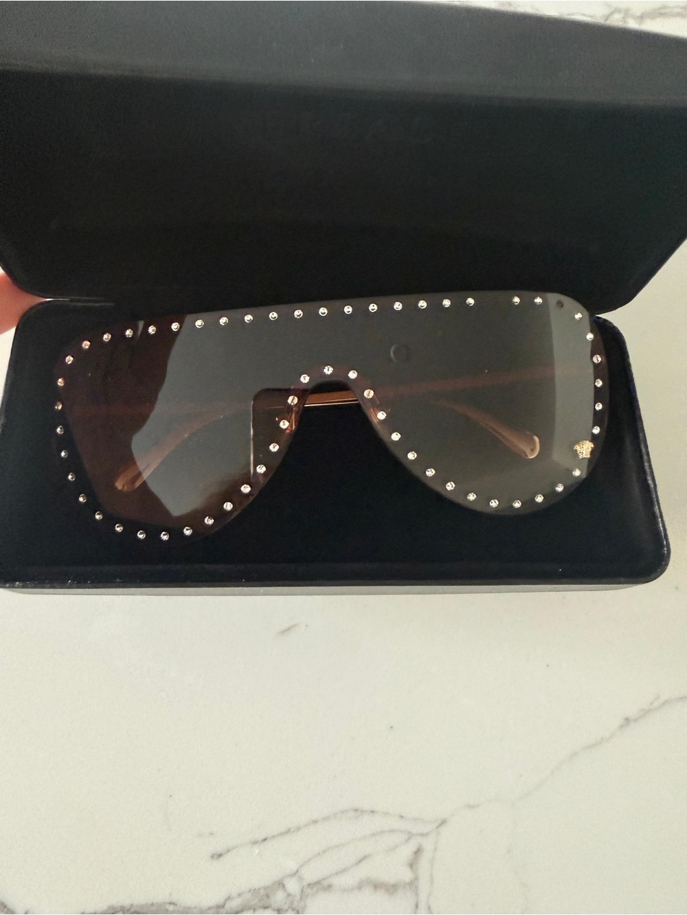 Versace Brown Tinted Shield Sunglasses with Stud Accents